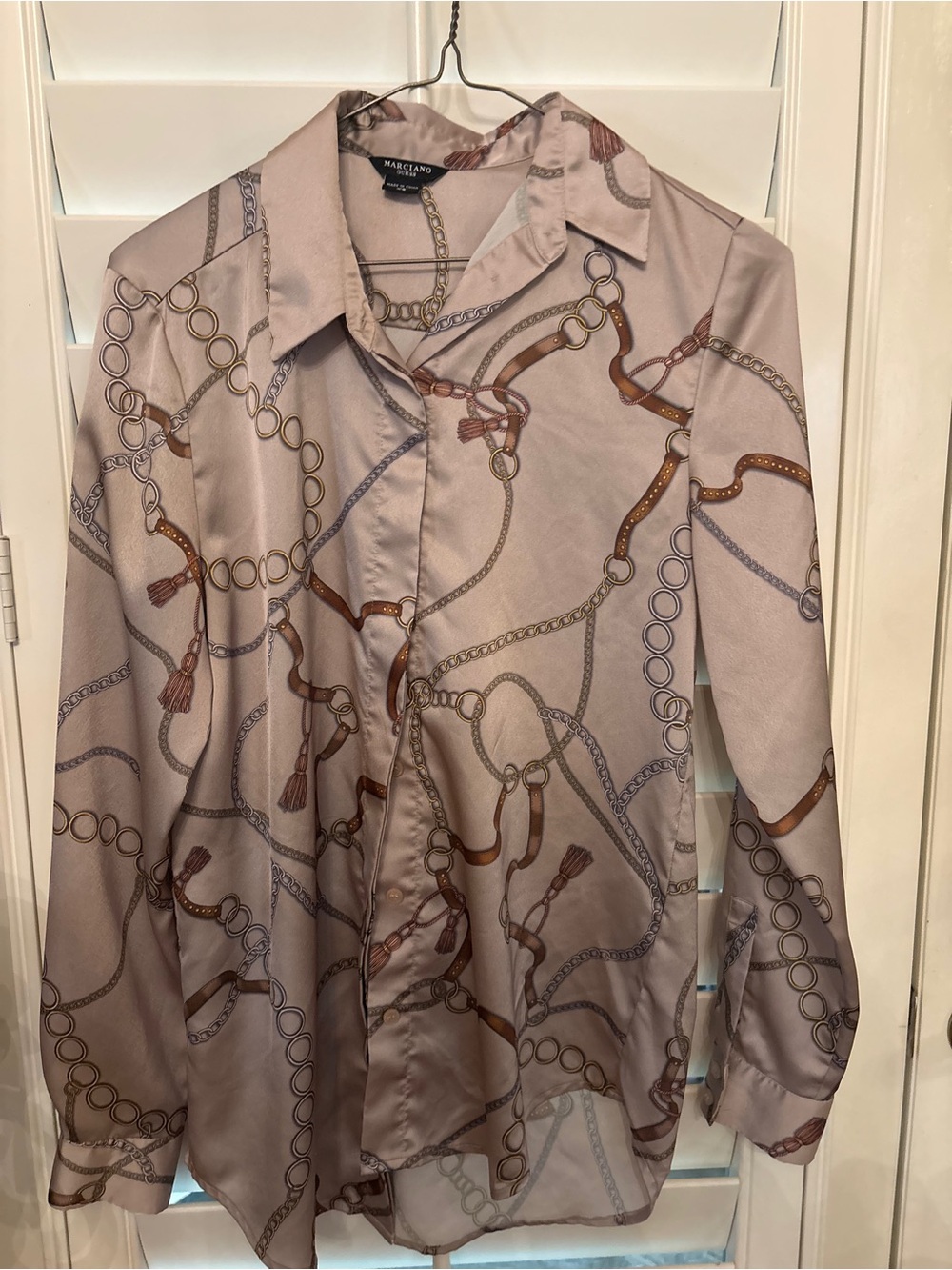 Marciano Taupe Chain-Print Satin Button-Down Shirt